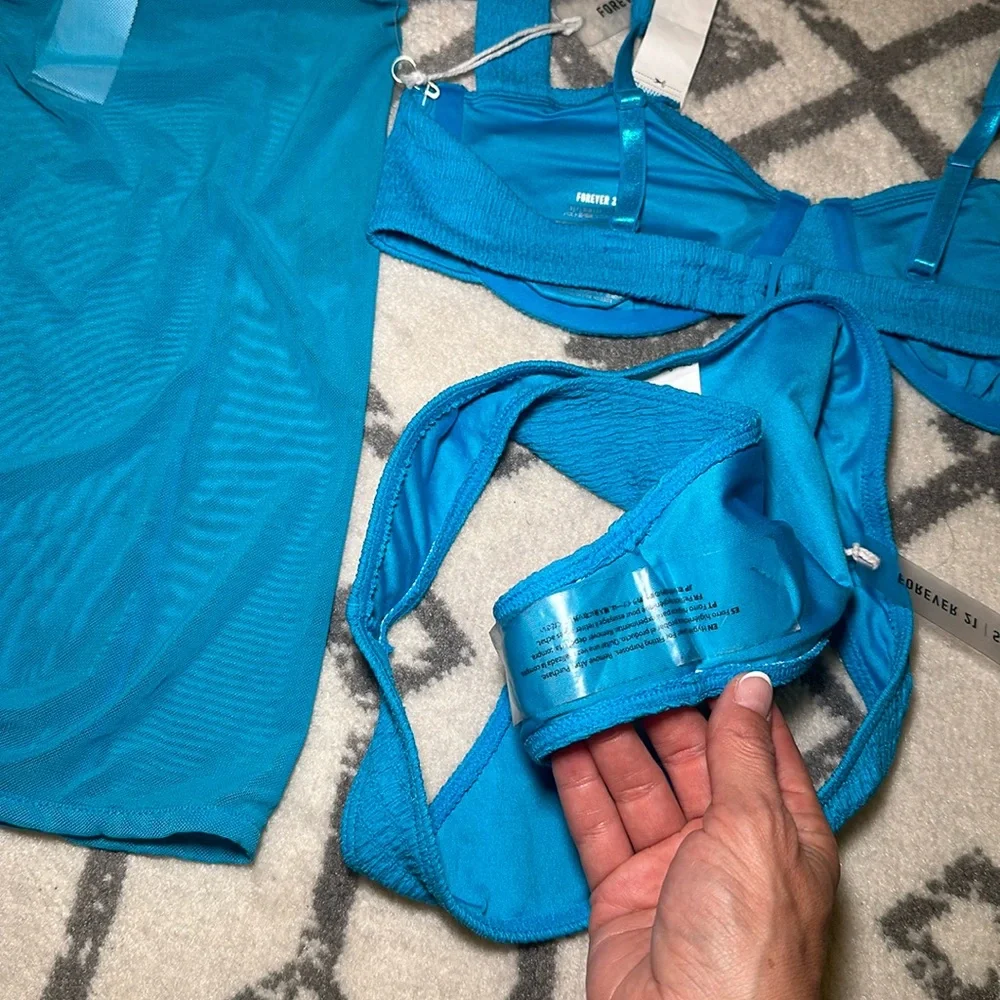 Forever 21 Turquoise Blue Bikini Set with Sheer Sarong
